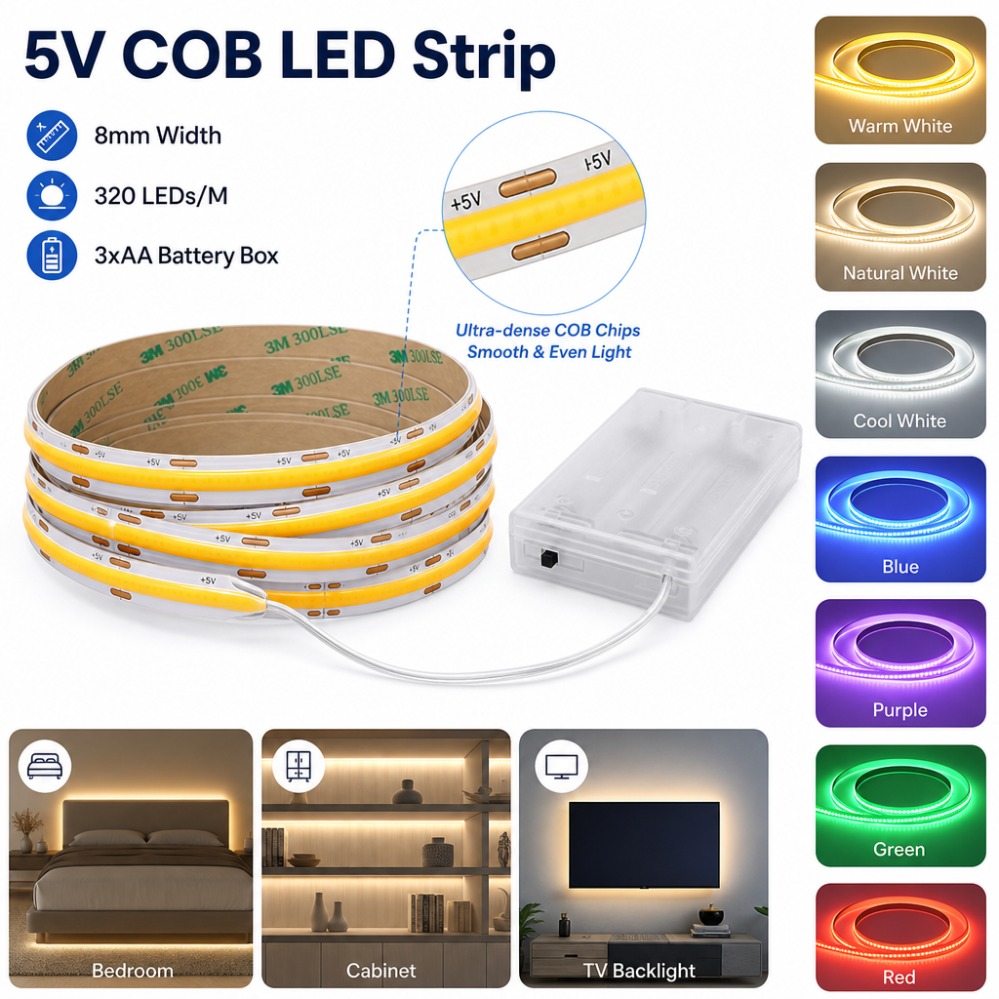 3AA Battery 5V COB LED Strip 8 - огляд і ціна Drawer Dresser White